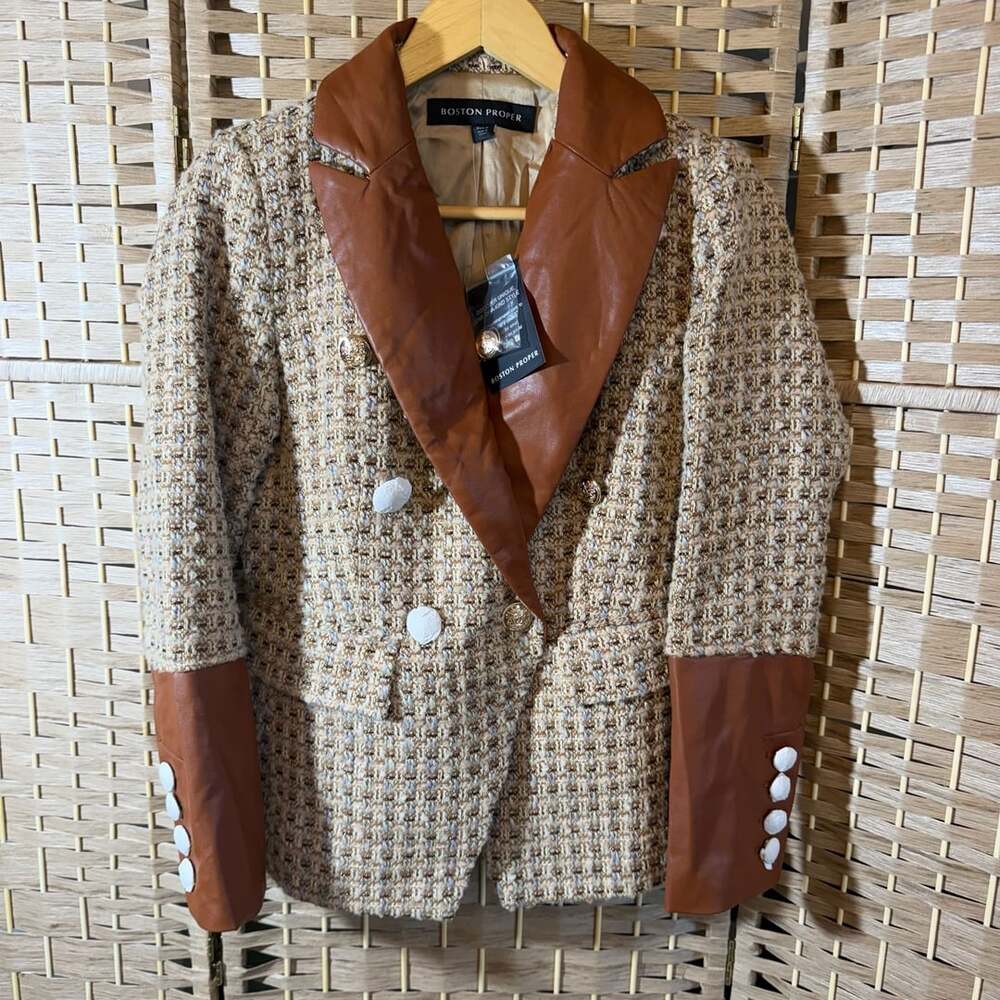 Boston Proper Tweed Blazer Size 6 Faux Leather Collar